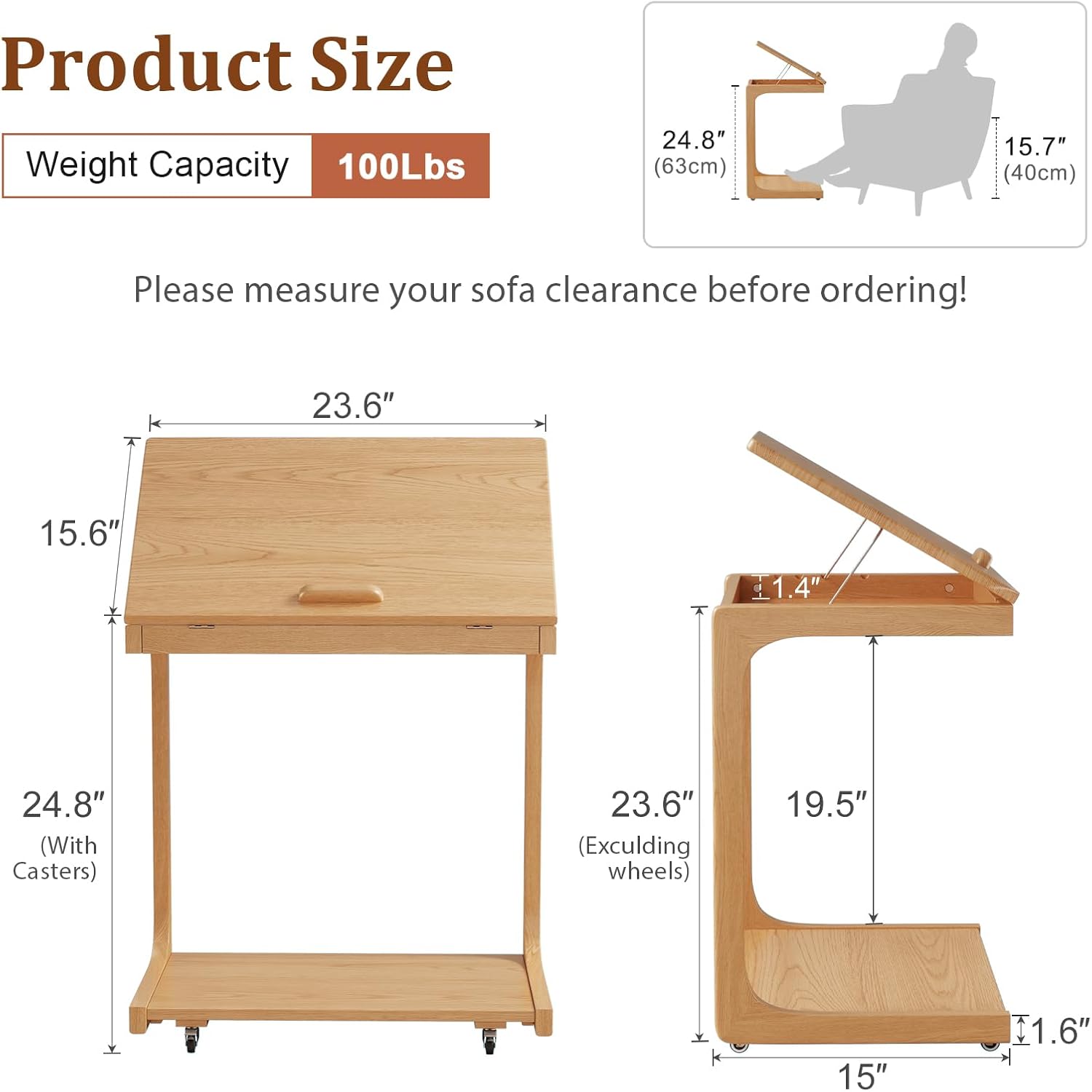 AQIMUELE Wooden C-Shaped End Table,Couch Table with Adjustable Desktop,Small Rolling Side Table with 2 Lockable Wheels 23.6" Width,Small End Table for Couch, Living Room,Bedroom (Natural)
