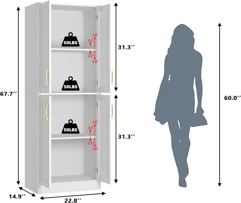 Kitchen Pantry Cabinet,Modern Storage Cabinet with 4 Door and 4 Adjustable Shelves,Tall Cabinet for Kitchen,Dining Room,Laundry,White