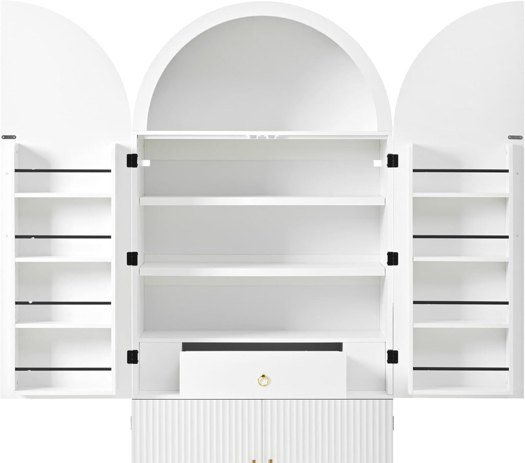 72" Tall Arched Kitchen Pantry Cabinet, Fluted Freestanding Storage Cupboard with 8 Door Shelves, 3 Adjustable Shelves and Hidden Drawer,Cabinet for Kitchen, Dining & Bathroom,White