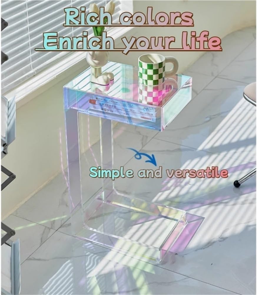 Acrylic Side Table with Integrated Base, Iridescent End Table, C-Shape Nightstand, Rainbow Coffee Table for Living Room, Bedroom