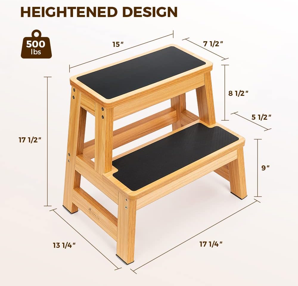 StrongTek Wood 2 Step Stool for Adults, 17.5 in, 500 lb, Non-Slip | Wide Non-Slip Treads, 500 lb Capacity, Heavy-Duty, Kitchen, Closet, Bedside and Everyday Home Reach
