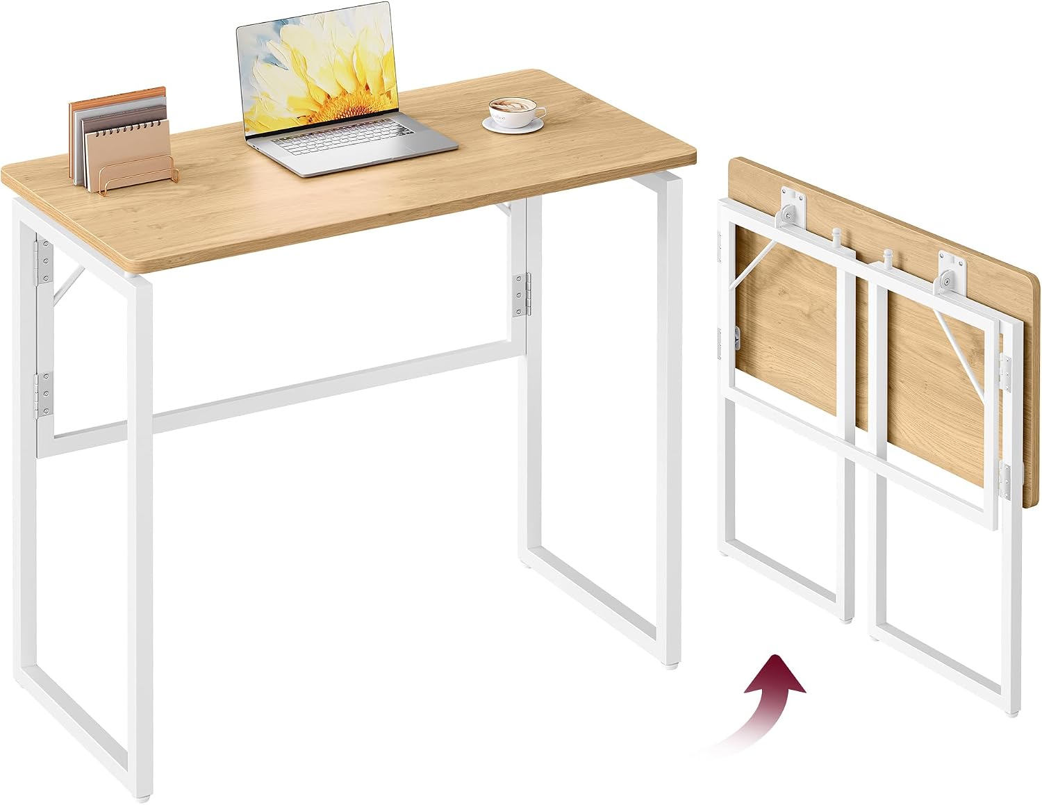 VASAGLE Folding Desk, Small Computer Desk, Foldable Table 31.5 Inch | One-Piece Desktop, Folding Table for Bedroom, Balcony, Camping, Easy Assembly, Straw Yellow, ULWD151YD01
