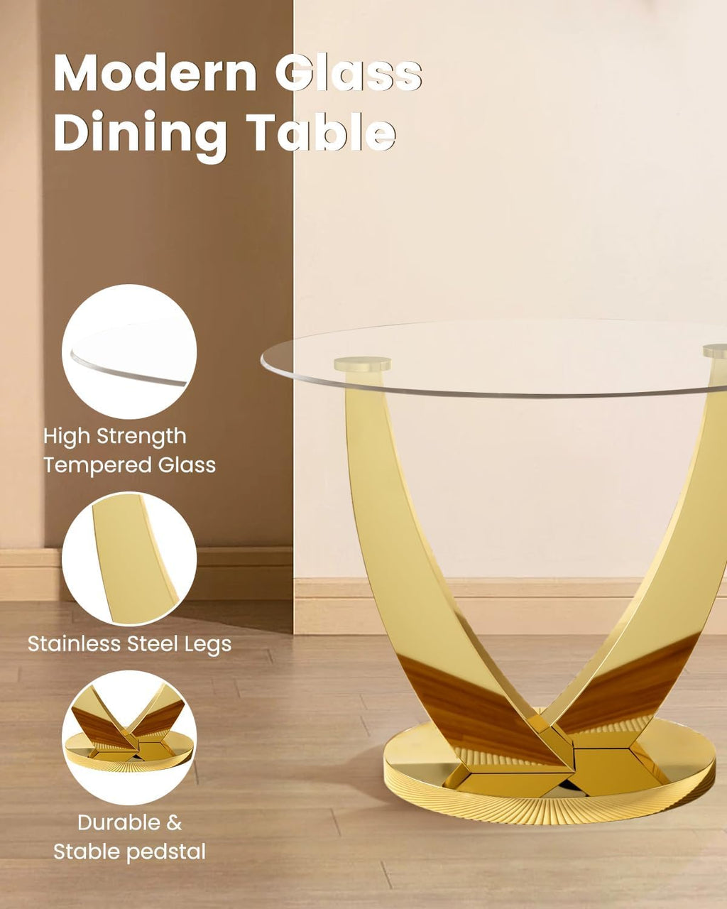 38.9" Round Glass Dining Table for 2-4, Modern Dining Room Table with Tempered Glass Tabletop & Stainless Steel Base, Round Glass Kitchen Table for Home, Small Space(Gold)