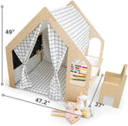 Avenlur Flair - 5 in 1 Indoor Playhouse with Desk Table, Chair, Chalkboard, Floor Cushion and Curtain Shades - Montessori and Waldorf Style for Ages 1 to 8 Years Old - (Large, Colorful Windowpane)