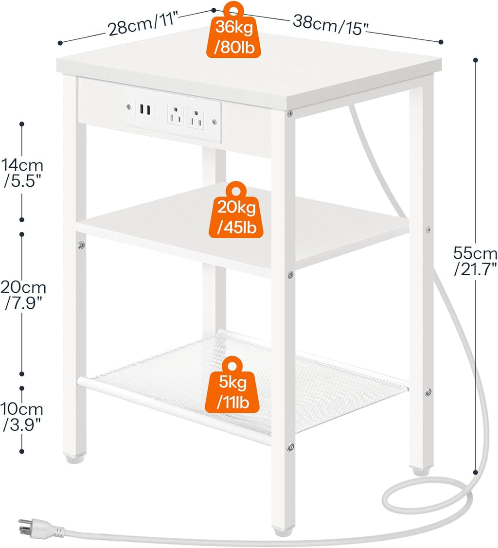 HOOBRO Side Table with Charging Station and USB Port, Small End Table for Small Space, 3-Tier Nightstand with Adjustable Shelf, for Living Room, Bedroom, White WW112BZ01