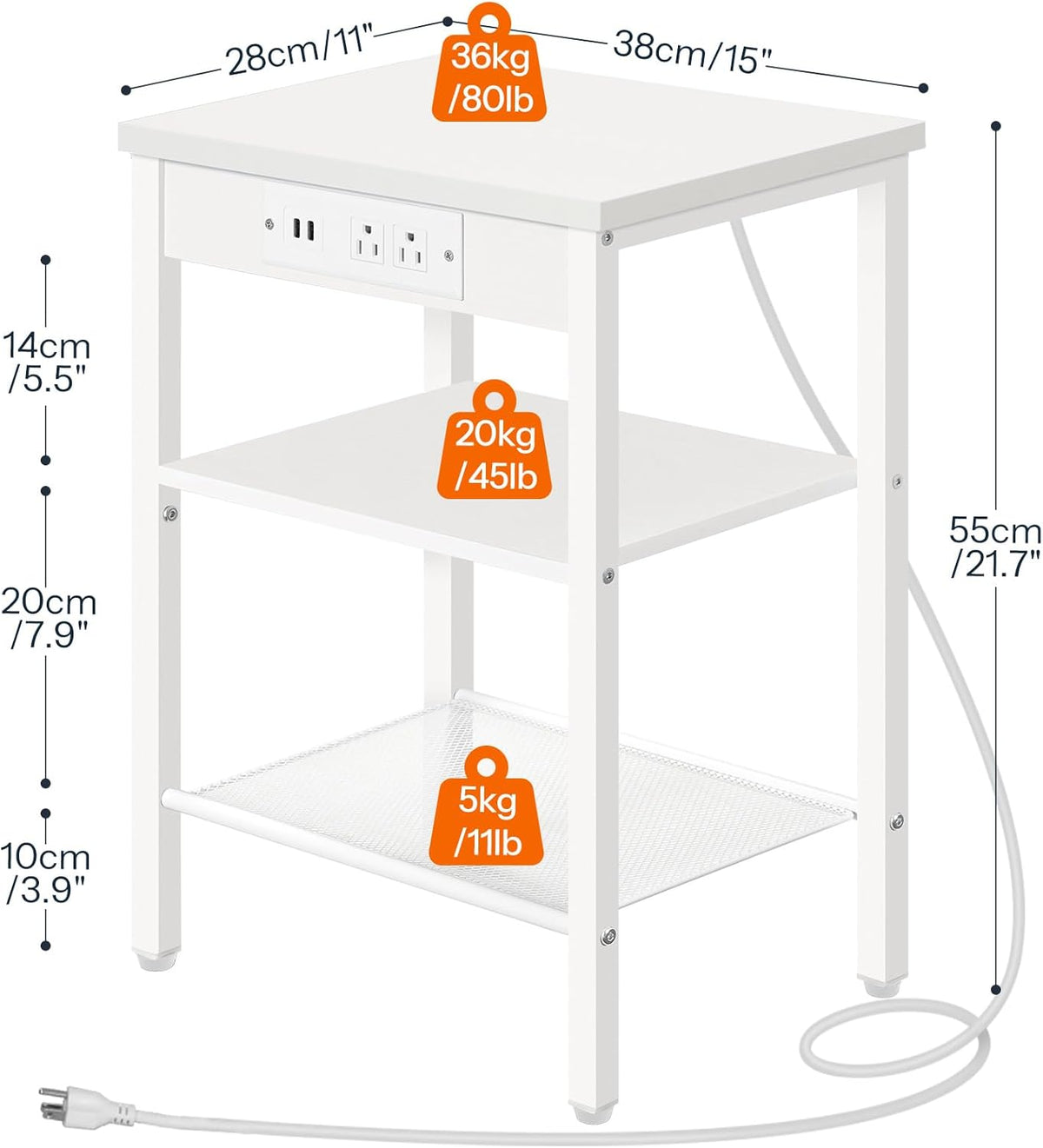 HOOBRO Side Table with Charging Station and USB Port, Small End Table for Small Space, 3-Tier Nightstand with Adjustable Shelf, for Living Room, Bedroom, White WW112BZ01