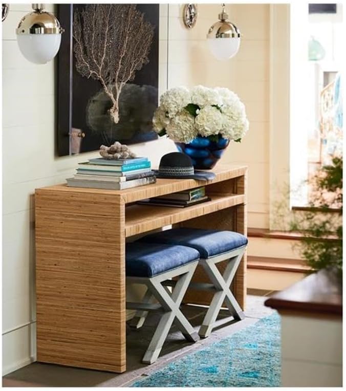 Pemberly Row Long Key Console Table, 60W X 18D X 32H, Wrapped Split Rattan, Tan Natural Cane Finish, No Assembly Required, Coastal Style Accent Table for Living Room or Entryway
