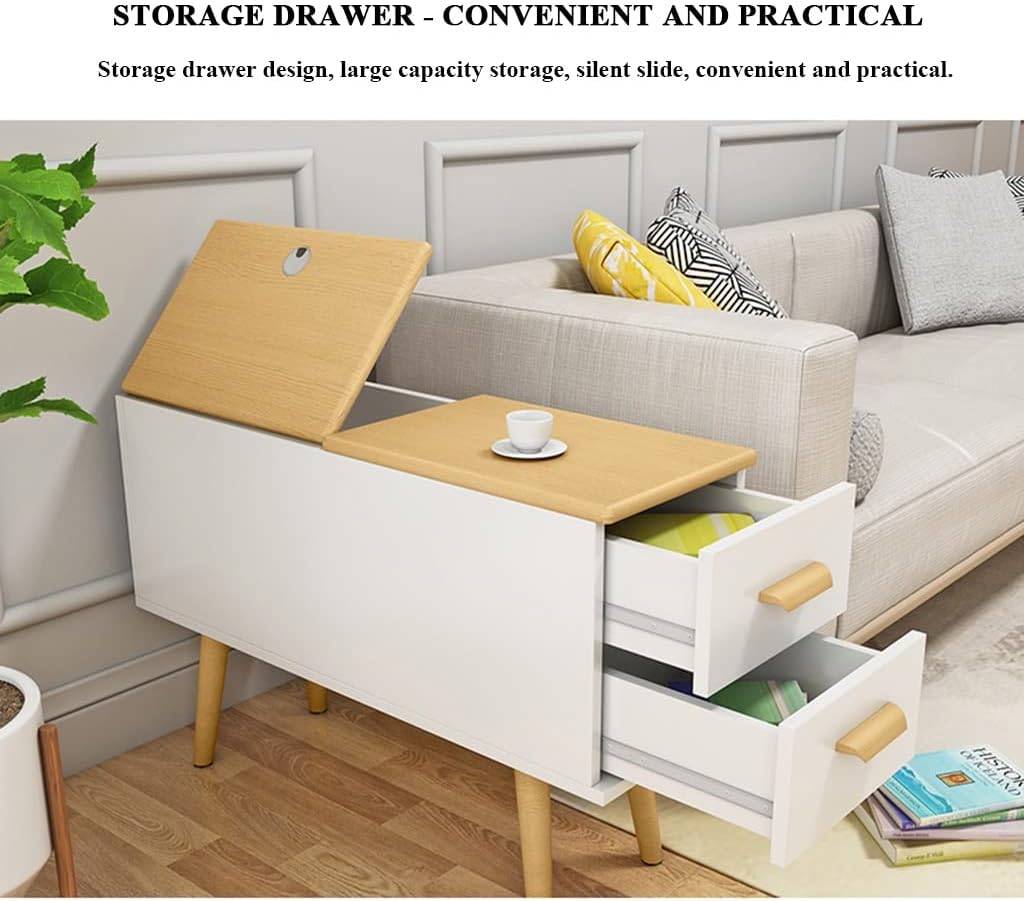Sofa Side Table with 2 Drawer, Flip Lid Storage Narrow and Long Storage Cabinet, Solid Wood Cabinet Legs, Hydraulic Hinges, Corner Table for Living Room
