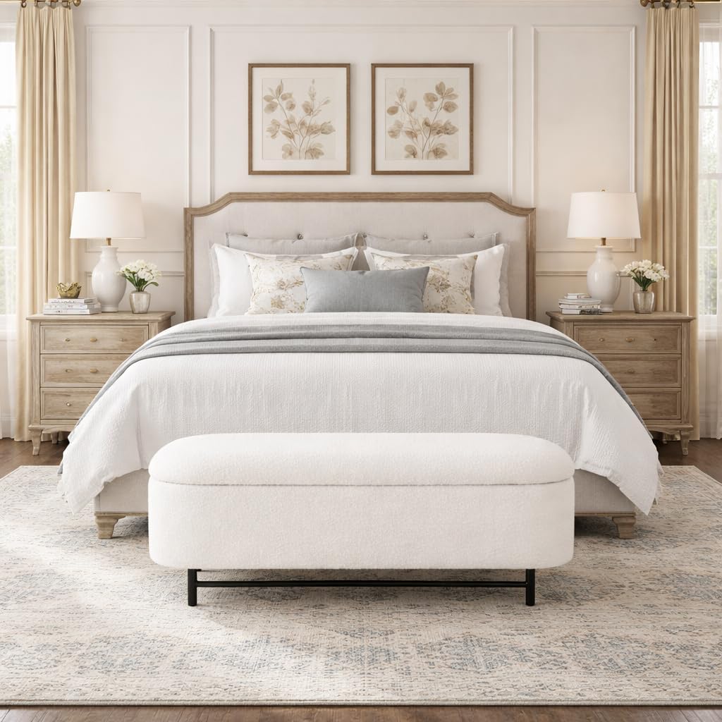 HomePop Ellipse Modern Storage Bench with Metal Legs |Homepop Home Décor|Bench with Storage for Living Room & Bedroom - Cream Boucle