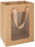 MOXARYSU 3 Pcs Brown Gift Bags with Clear Window: 9.8x5.1x7.1 Inch Medium Kraft Paper Bags with Handle For Party Business Birthday Wedding