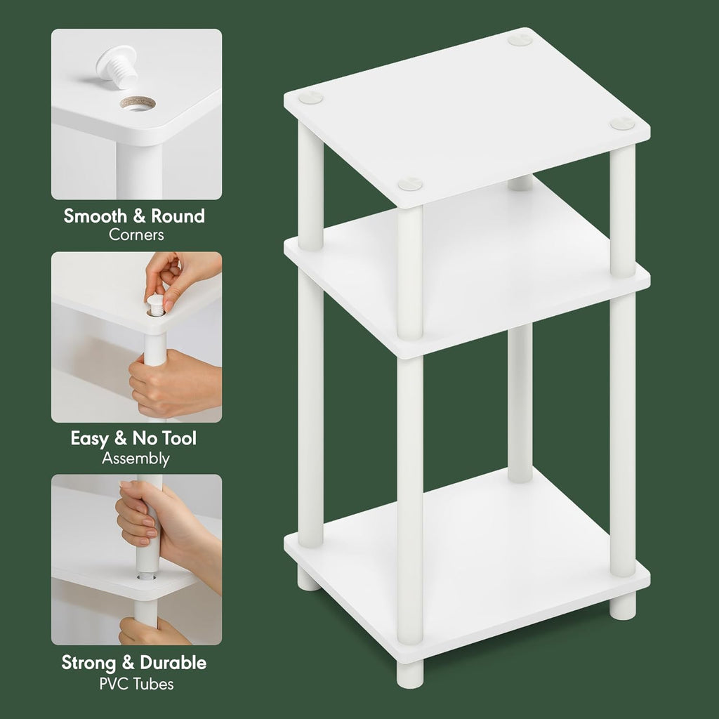 Furinno Turn-N-Tube 3-Tier Toolless Side Table, Narrow Printer Stand with Open Shelf, End Table, Night Stand, for Living Room, Bedroom, White