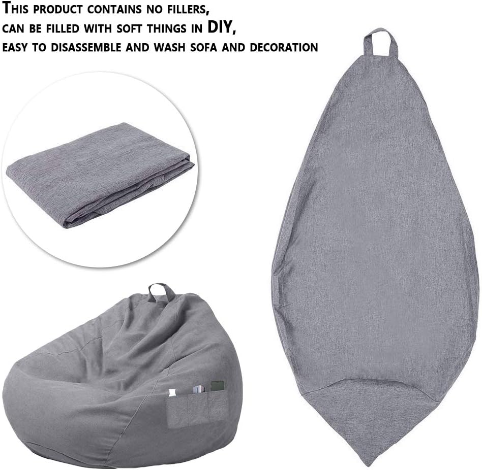 Bean Bag Chair Sofa Cover Without Filler Lazy Lounger High Back Large Bean Bag Storage Chair Couch Cover with Three Side Pockets for Adults and Kids (Dark Gray, XL-39.3x47.2)
