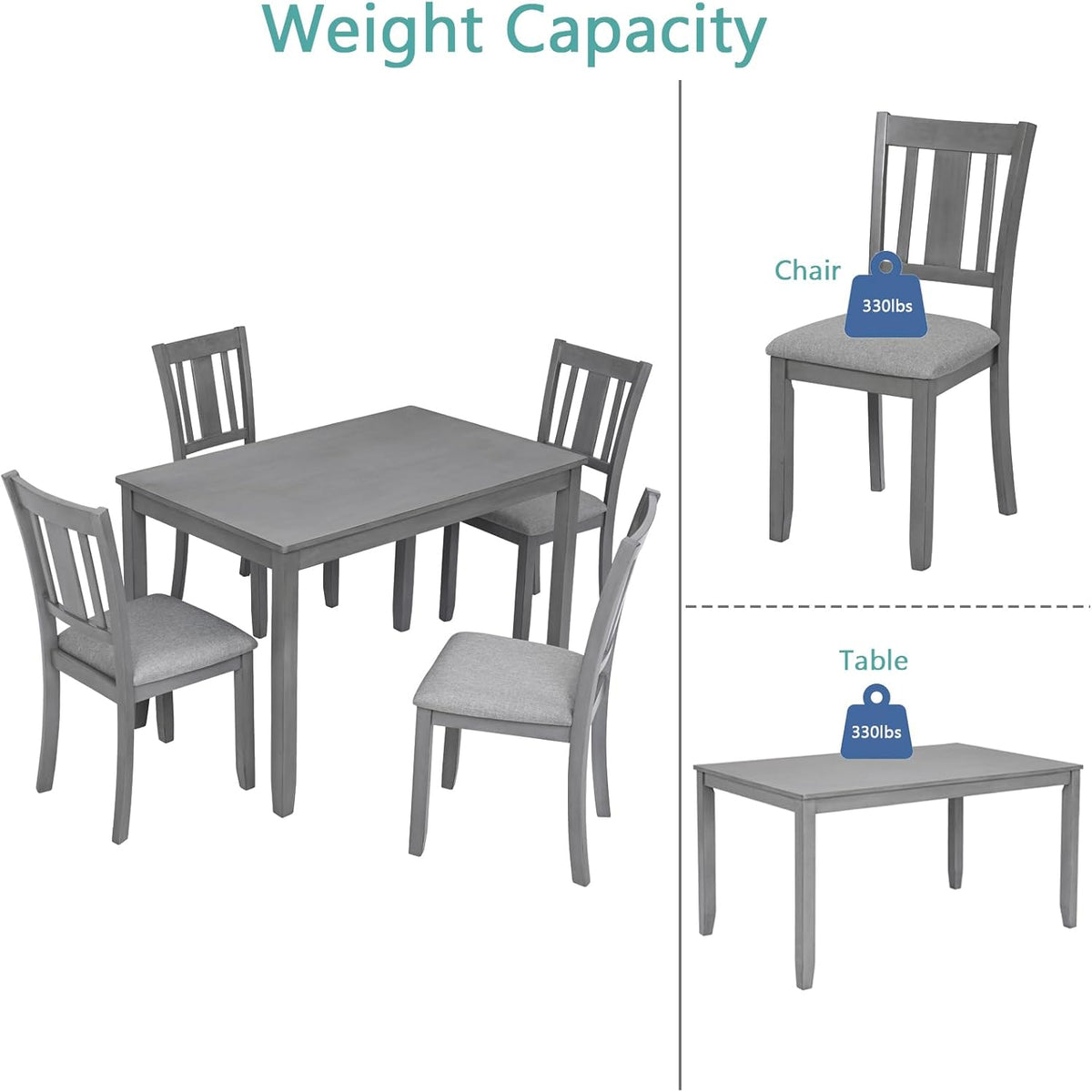 RuiSiSi 5 Piece Dining Table Set for 4, Farmhouse Kitchen Table with 4 Padded Seat Chairs, Solid Wood Dinette Set for Kitchen, Living Room, Grey