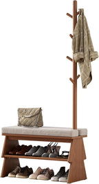 Coat Rack with Shoe Storage,Shoe Rack whit 8 Hook for Offices、Bedroom、Living Room,Small Shoe Bench,Walnut