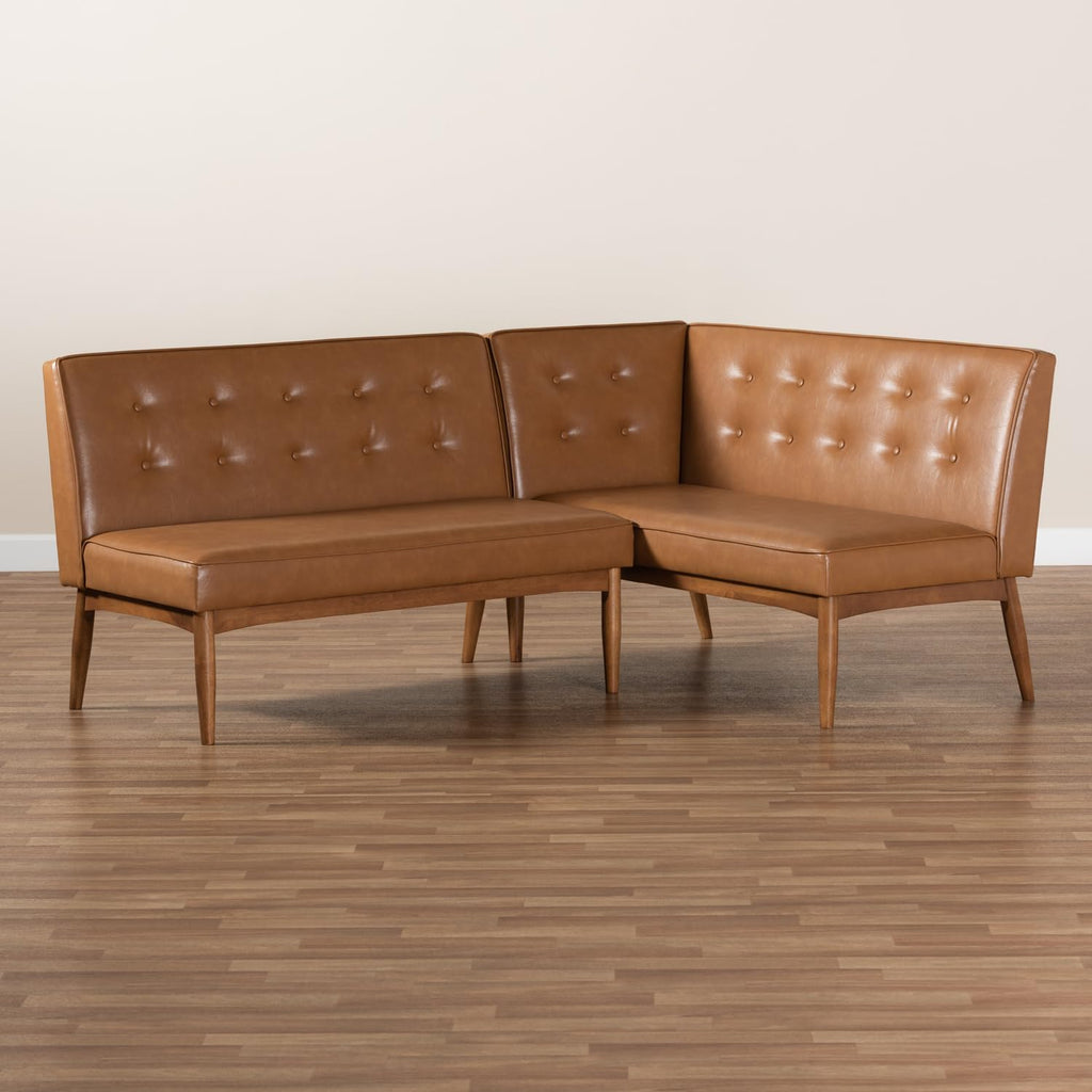 Faux Leather Corner Sofa Bench, Walnut Wood Finish, 2-Piece Dining Set