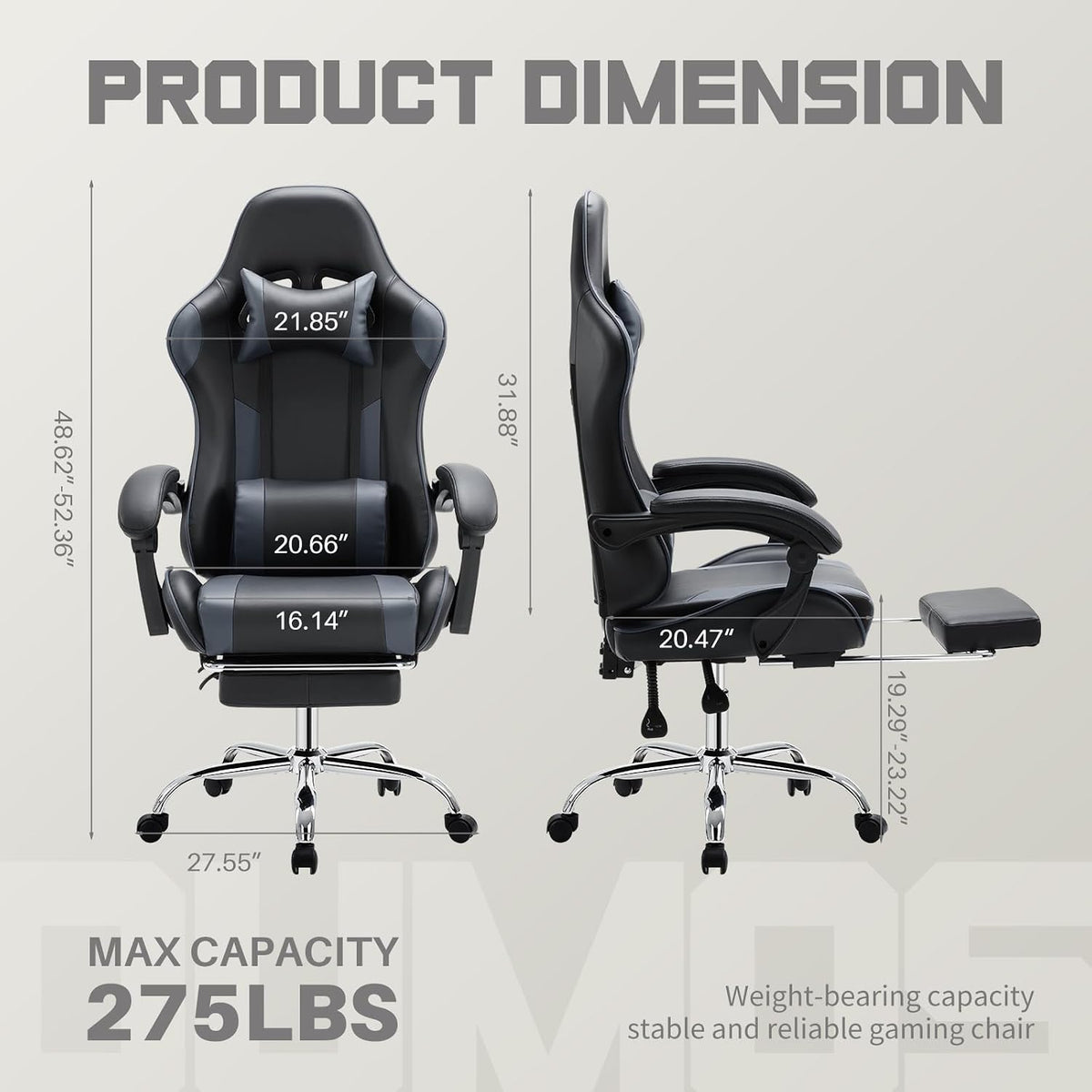 DUMOS Ergonomic Gaming Chair with Footrest, Home Office Desk Chair | PU Leather, Headrest, Linkage Armrests, Height Adjustable, 360 Swivel Reclining, Black Grey