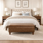 Homepop Home Decor | Upholstered Bench with Nailhead Trim | Large Faux Leather Ottoman with Storage for Living Room & Bedroom | Decorative Home Furniture, Brown Faux Leather