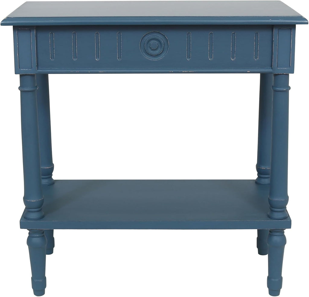 East at Main Handmade Solid Wood Narrow End Table with Drawer, Slim Blue Side Table for Bedroom, Living Room, or Entryway, Farmhouse Accent Furniture with Shelf and Turned Legs