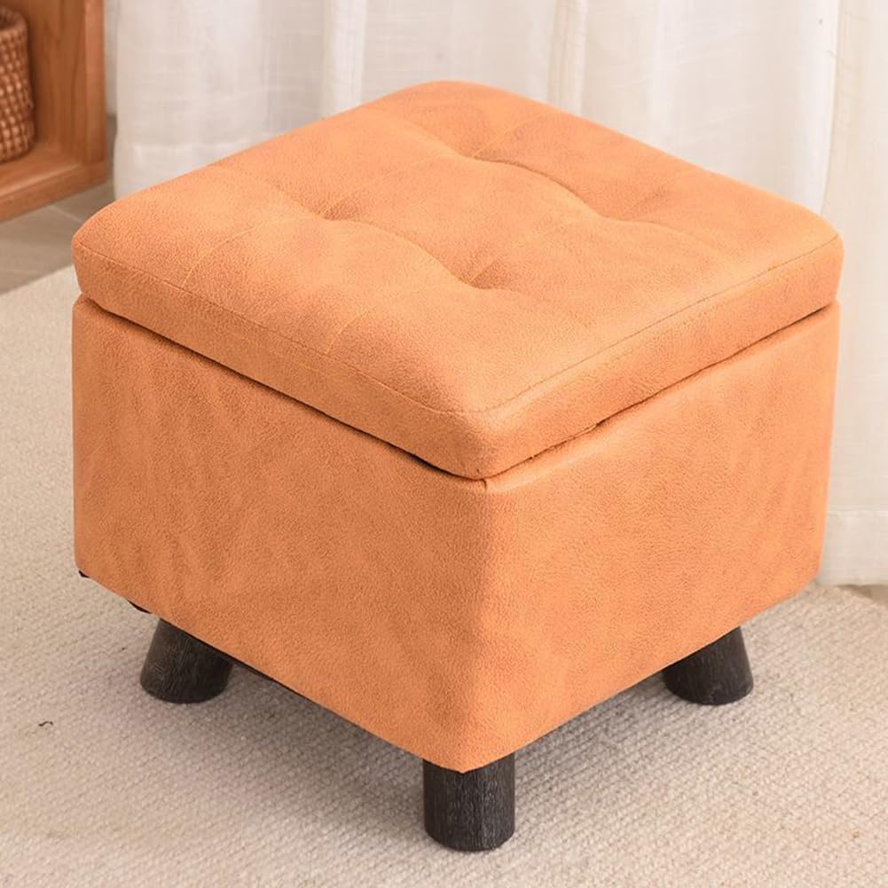 Premium Storage Ottoman Upholstered Square Foot Rest Stool with Sturdy Wood Legs,Thicken Foam Padded Seat Small Cube Storage Chest for Living Room Bedroom (Orange)