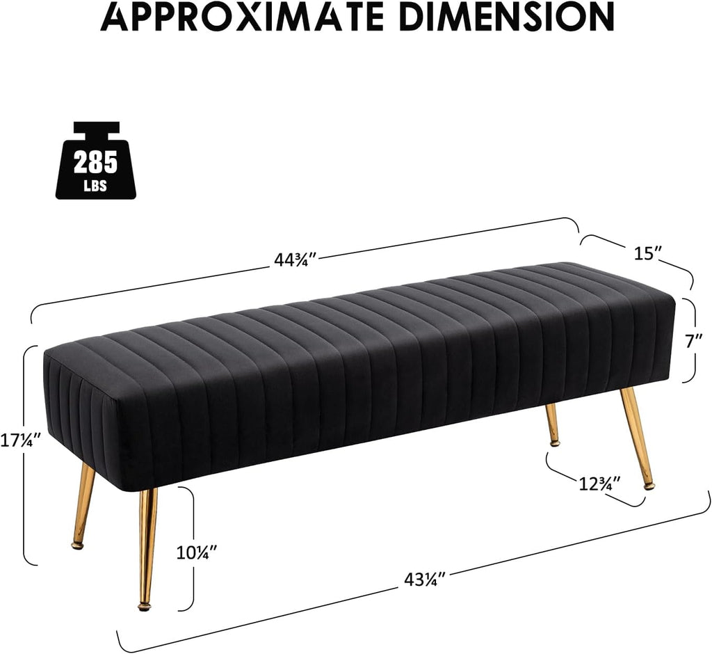 Furniliving 44 Inch Bedroom Bench, Upholstered Tufted Striped Fabric Ottoman Benches with X-Shaped Metal Legs for Living Room, Entryway Solid Wood Indoor Bench for Foyer (Black)