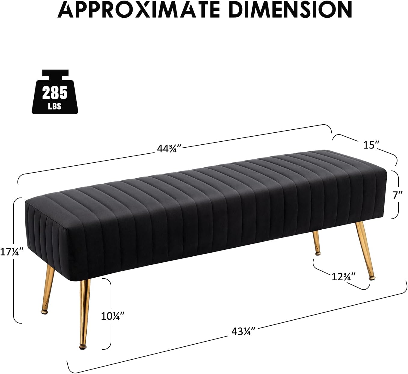 Furniliving 44 Inch Bedroom Bench, Upholstered Tufted Striped Fabric Ottoman Benches with X-Shaped Metal Legs for Living Room, Entryway Solid Wood Indoor Bench for Foyer (Black)