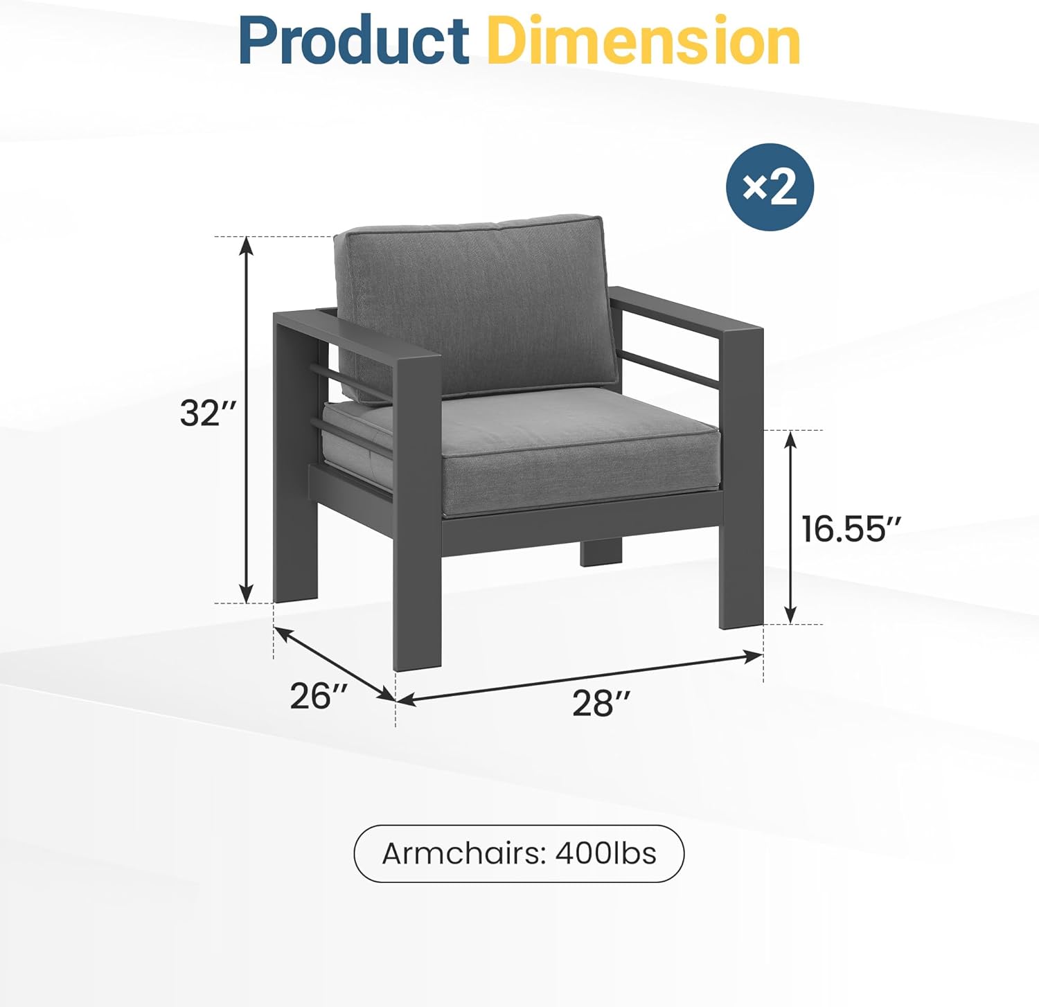 Wisteria Lane Metal Patio Furniture Sofa, All-Weather Outdoor Armchairs Set of 2 with Upgraded Cushions, Weather-Resistant Heavy Duty Modern Outdoor Chairs for Garden, Balcony, Backyard, Dark Grey