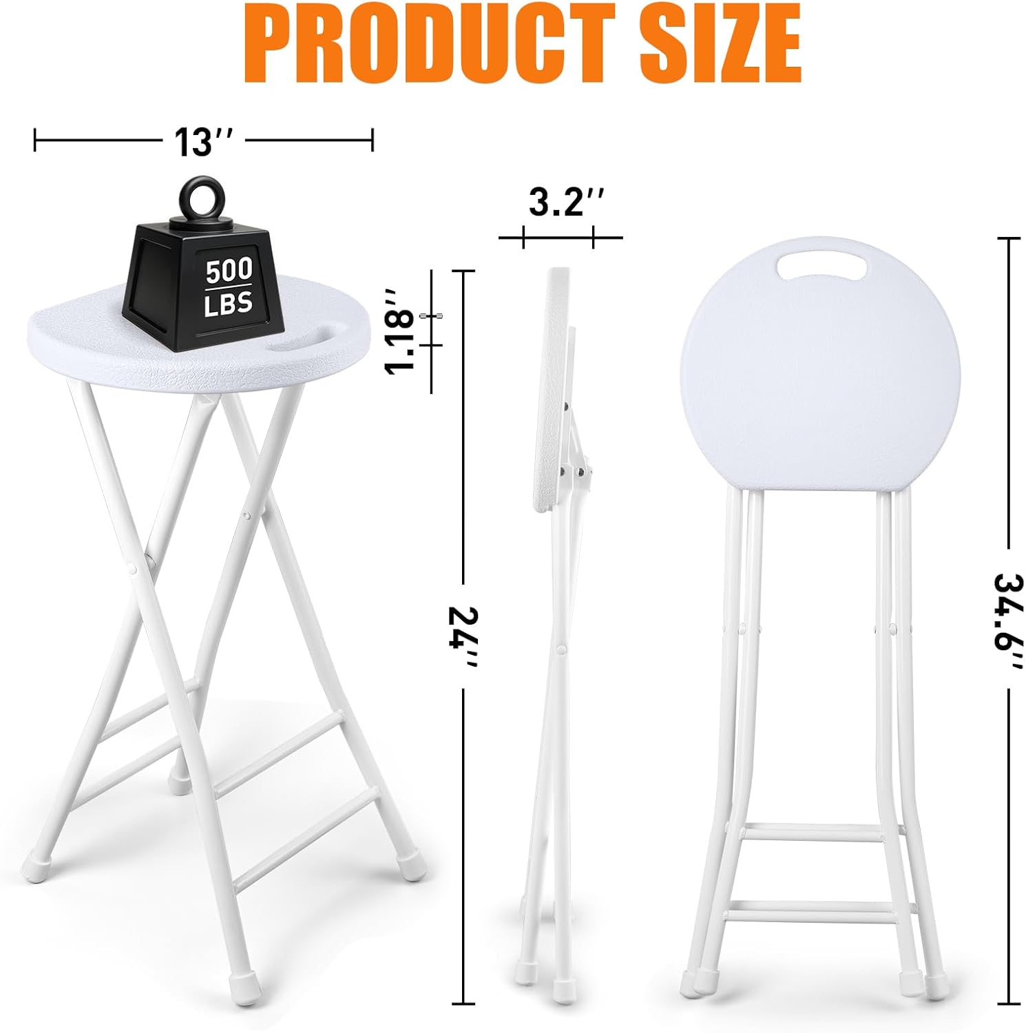 Folding Stool, White 24 Inch Foldable Bar Stool with Handle | Portable Seat, 500 lbs Capacity, Non-Slip Feet, Space-Saving for Guitar, Workbench, Kitchen Island, Outdoor, Party(1 Pack)