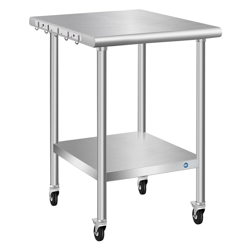 Stainless Steel Table with Wheels, 24 x 24 Inch Stainless Table for Prep & Work, Commercial NSF Steel Metal Table for Restaurant Kitchen Hotel Garage