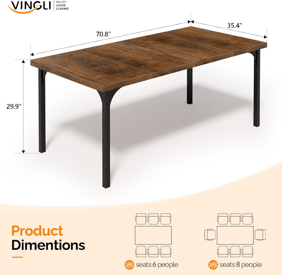 VINGLI 70.8" Farmhouse Dining Table for 6-8 People, Large Rustic Wooden Kitchen & Dining Room Table, Heavy Duty Dinner Table for Family Gatherings, Home Office, Apartment, Rustic Brown