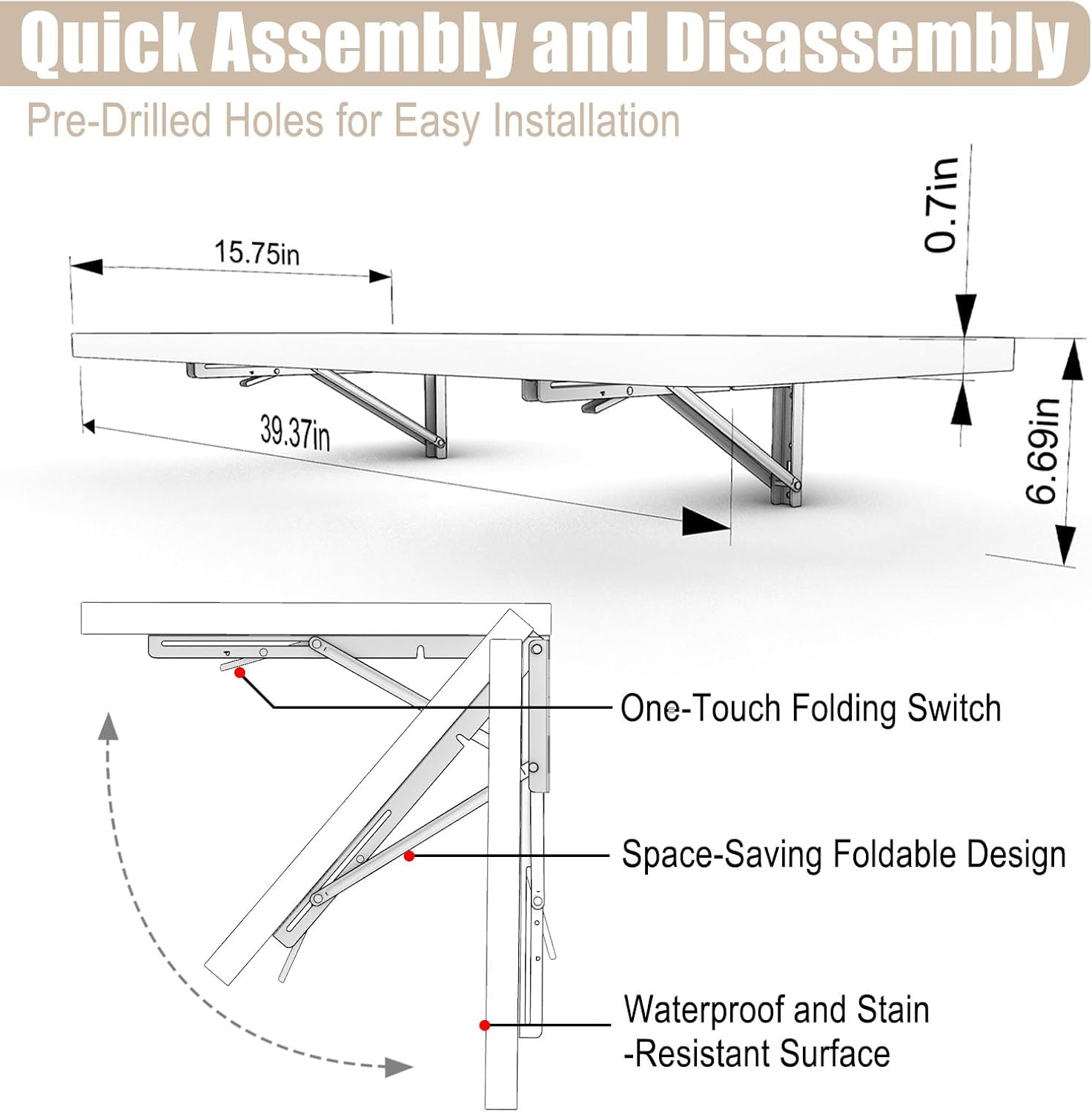 Wall Mounted Folding Table 40"x 16" with Removable Heavy-Duty Brackets Support Up to 200 Pounds Folding Desk for Small Space Home Laundry Room Office Rv Suitable for Solid Wall (Grey Marble Pattern)