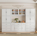 Timechee Cupboard, Kitchen Pantry Storage Cabinet, White Modern Food Pantry Cabinet with 8 Cabinets, 11 Drawers and 4 Display Doors for Living Room, Kitchen(15.7" D x 110.2" W x 78.7" H)