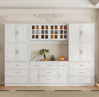 Timechee Cupboard, Kitchen Pantry Storage Cabinet, White Modern Food Pantry Cabinet with 8 Cabinets, 11 Drawers and 4 Display Doors for Living Room, Kitchen(15.7" D x 110.2" W x 78.7" H)