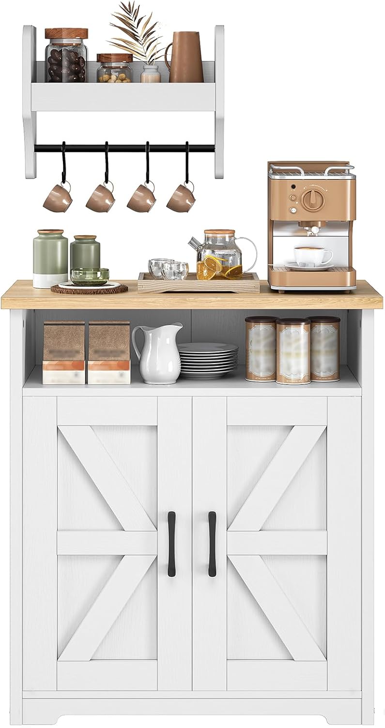 YATINEY Coffee Bar Cabinet, Kitchen Island with Storage, Farmhouse Sideboard Buffet Cabinet with Dual-Purpose Floating Shelf and Hooks, for Kitchen Living Room, White and Natural KF22WN