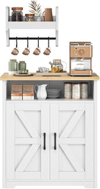 YATINEY Coffee Bar Cabinet, Kitchen Island with Storage, Farmhouse Sideboard Buffet Cabinet with Dual-Purpose Floating Shelf and Hooks, for Kitchen Living Room, White and Natural KF22WN