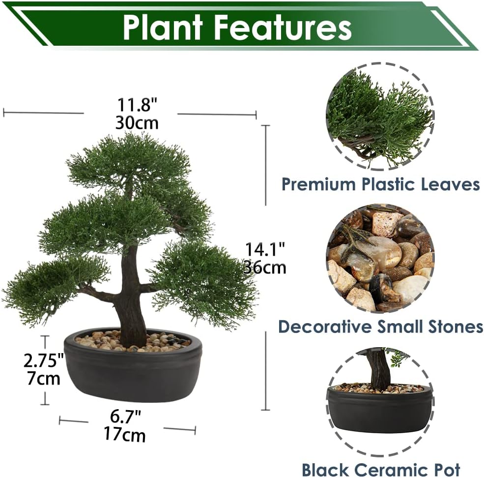 Artificial Bonsai Tree Juniper Faux Plants Indoor Small Fake Plants Decor with Black Plastic Pots for Home Table Office Desk Bathroom Shelf Bedroom Living Room Farmhouse Decorations