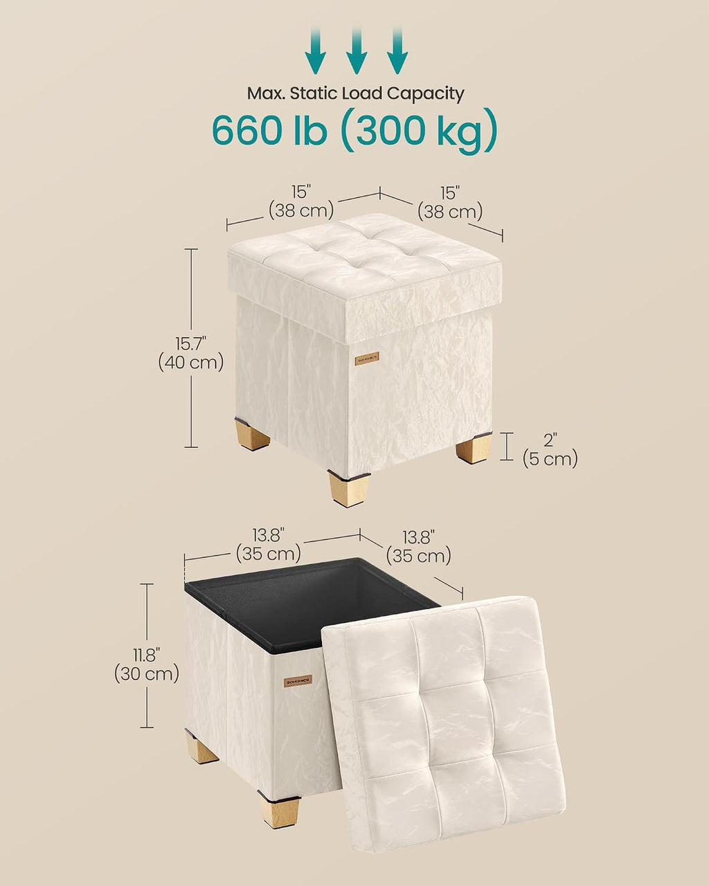 SONGMICS Storage Ottoman, Textured PU Leather Footstool with Legs, Footrest with Cushion, for Living Room and Bedroom, 15 x 15 x 15.7 Inches, White, Minota Collection ULSF523WD01