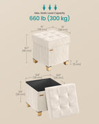 SONGMICS Storage Ottoman, Textured PU Leather Footstool with Legs, Footrest with Cushion, for Living Room and Bedroom, 15 x 15 x 15.7 Inches, White, Minota Collection ULSF523WD01