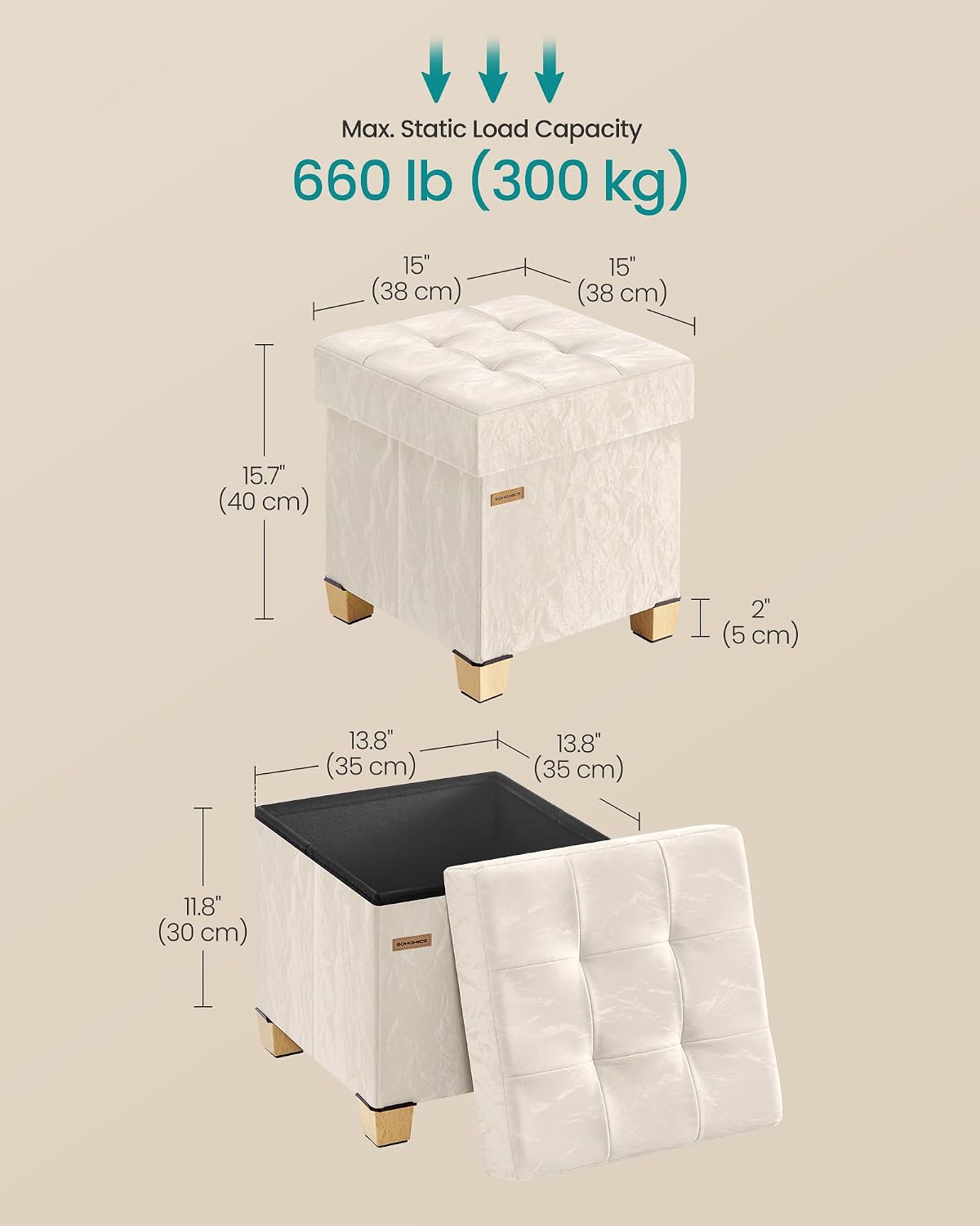 SONGMICS Storage Ottoman, Textured PU Leather Footstool with Legs, Footrest with Cushion, for Living Room and Bedroom, 15 x 15 x 15.7 Inches, White, Minota Collection ULSF523WD01