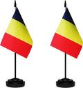 Romania Romanian Deluxe Desk Flag Set Small Mini Miniature Romania Romanian Table Desktop Flags With Solid Pole, Black Base and Spear Top(2 Pack)