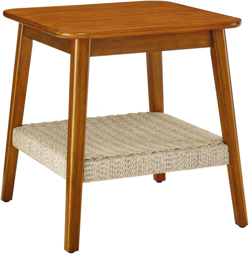 23" Mid-Century Side Table with Woven Shelf and Storage, for Living Room Couch Bedroom Patio Home Office,Dark Walnut (Side Table)