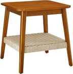 23" Mid-Century Side Table with Woven Shelf and Storage, for Living Room Couch Bedroom Patio Home Office,Dark Walnut (Side Table)
