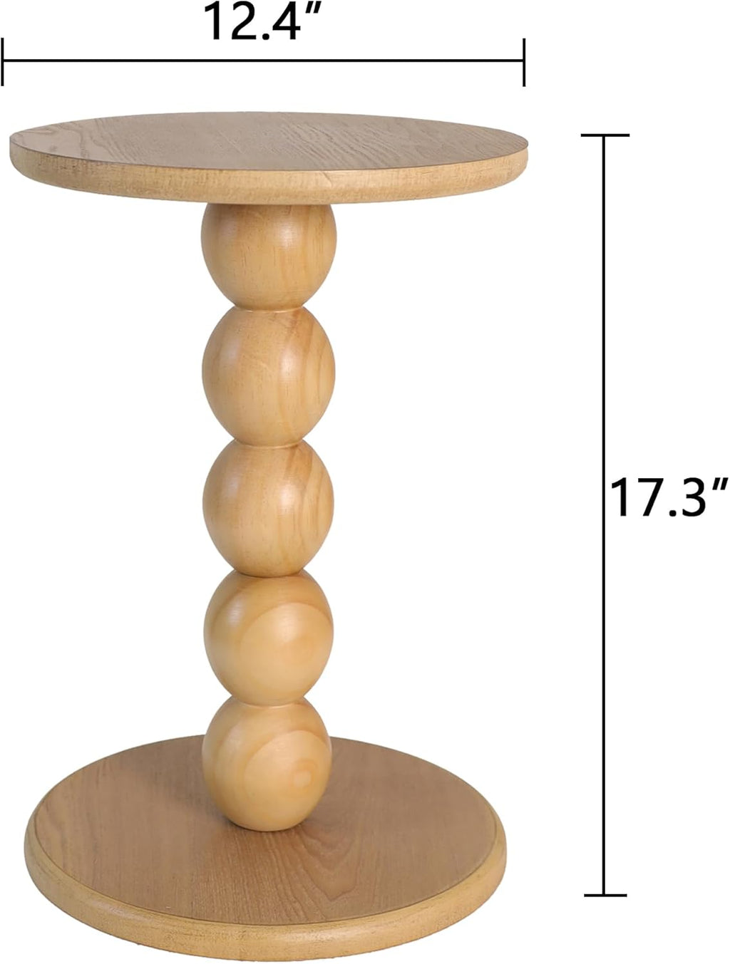 dwellington Small Round Wooden Side Table with Stacked Ball Pedestal Base, 12.4 X17.32 Accent Nightstand for Living Room, Bedroom, Corners (Natural)