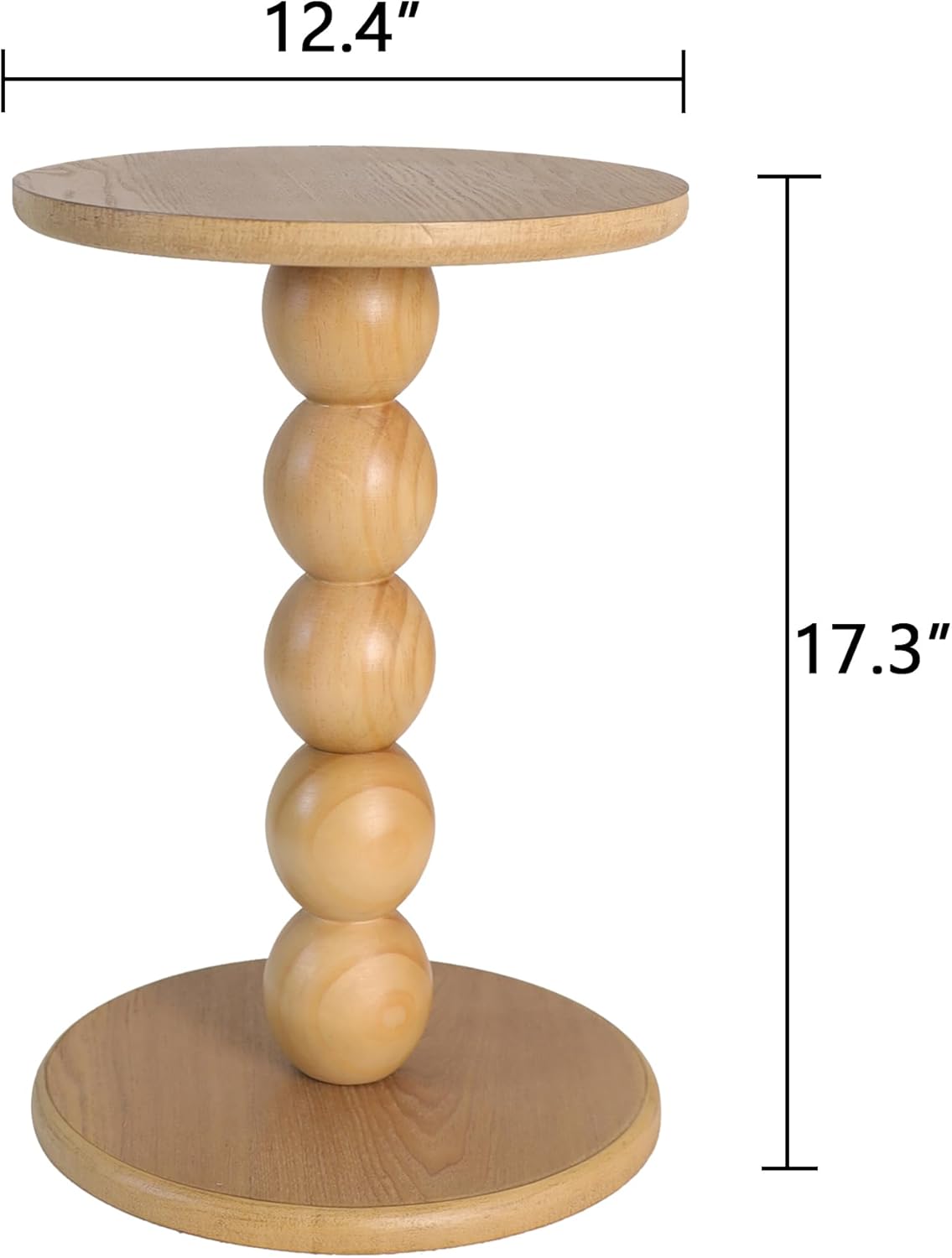 dwellington Small Round Wooden Side Table with Stacked Ball Pedestal Base, 12.4 X17.32 Accent Nightstand for Living Room, Bedroom, Corners (Natural)