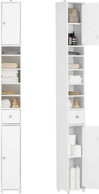 Haotian Narrow Bathroom Storage Cabinet, Tall Slim Cabinet with Adjustable Shelves and Doors, Floor Standing Cupboard for Small Spaces, Bathroom or Laundry Room Organizer, White BZR34-W