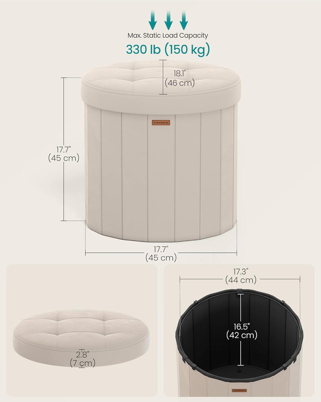 SONGMICS Storage Ottoman Round Velvet Vanity Stool, 18.5 x 18.5 x 17.7 Inch | Makeup Vanity Chair, Foot Rest, for Bedroom, Cappuccino Beige, MINOTA Collection ULSF608L01