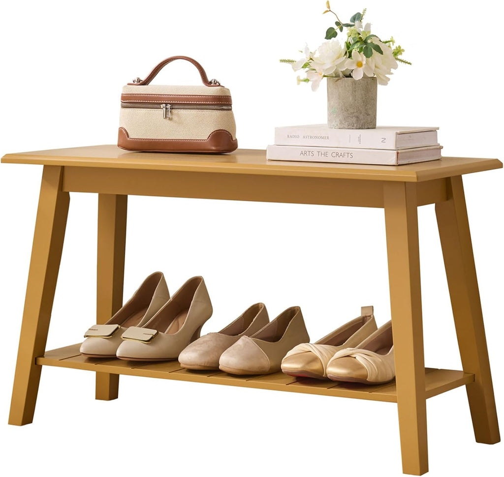 Kings Brand Wood Entryway Shoe Bench with Storage Shelf, Honey Mustard | Storage Bench with Seat and Lower Shelf – Shoes, Slippers, & Essentials Organizer for Entryway, Hallway, Bedroom, Living Room