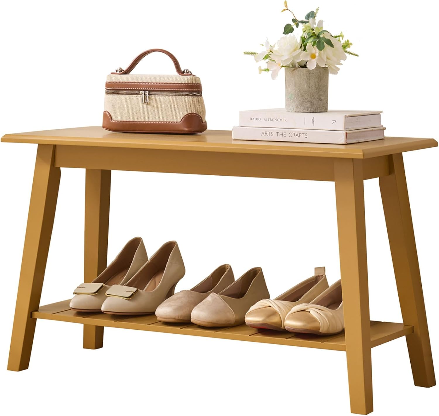 Kings Brand Wood Entryway Shoe Bench with Storage Shelf, Honey Mustard | Storage Bench with Seat and Lower Shelf – Shoes, Slippers, & Essentials Organizer for Entryway, Hallway, Bedroom, Living Room