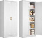Polup 71" White Metal Kitchen Pantry Storage Cabinet with Doors and Shelves | Tall Freestanding Cupboard, 5-Tier Heavy Duty, 4 Adjustable Shelving, Gold Handles, for Garage, Dining Living Room, Office