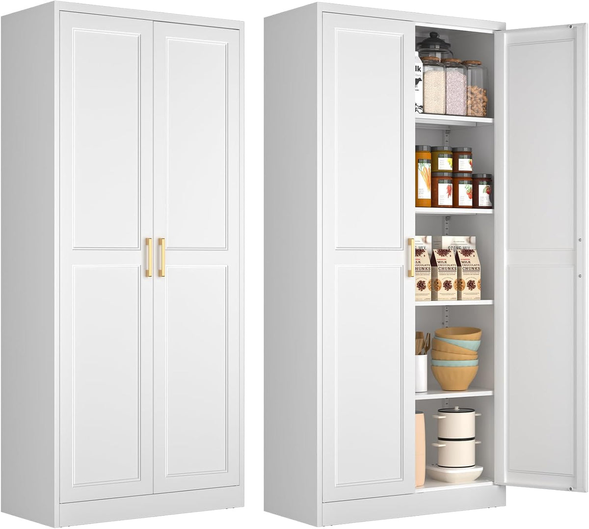 Polup 71" White Metal Kitchen Pantry Storage Cabinet with Doors and Shelves | Tall Freestanding Cupboard, 5-Tier Heavy Duty, 4 Adjustable Shelving, Gold Handles, for Garage, Dining Living Room, Office
