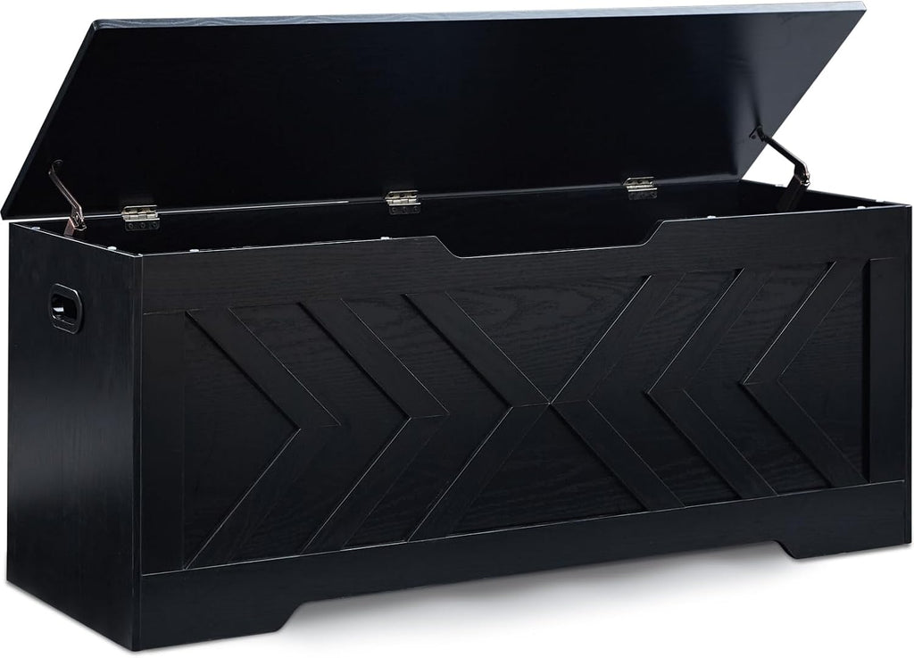 47.2” Storage Bench,Extra Large Wooden Storage Chest with 2 Safety Hinges,entryway Bench,Blanket Storage,Shoe Storage Bench for Entryway,Bedroom,Living Room,Easy Assembly-Black